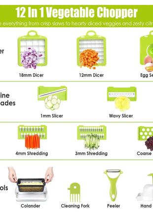 12-in-1 Vegetable Chopper Slicer Dicer Set – Kitchen Food Cutter with Container & Graters