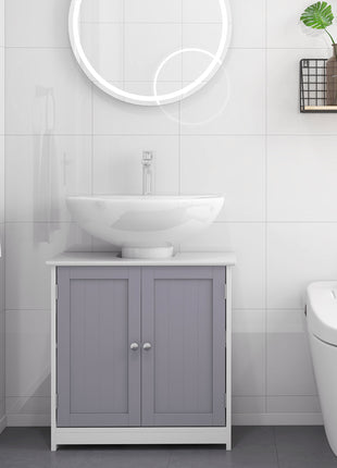 Likeshoppe Under Sink Bathroom Cabinet with U-Shaped Cut-Out – White & Gray Space Saving Vanity Storage with Adjustable Shelf for Small Bathrooms