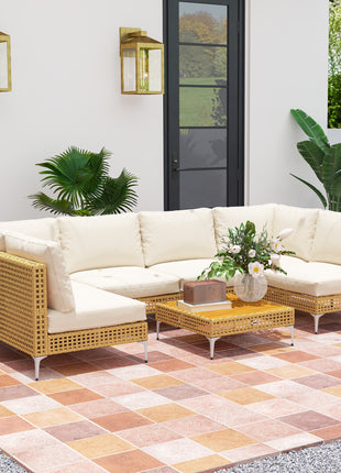 7 Piece Wicker Patio Furniture Set with Cushions & Acacia Wood Table