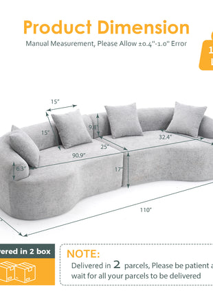 110" Curved Boneless Modular Sectional Sofa – Chenille Compression Couch (Grey)