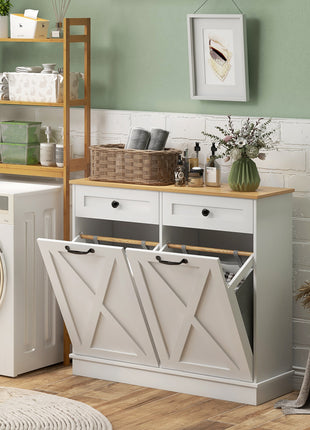 Tilt-Out Laundry Hamper Cabinet with 2 Removable Baskets & Drawers – Bathroom Storage Organizer (White)