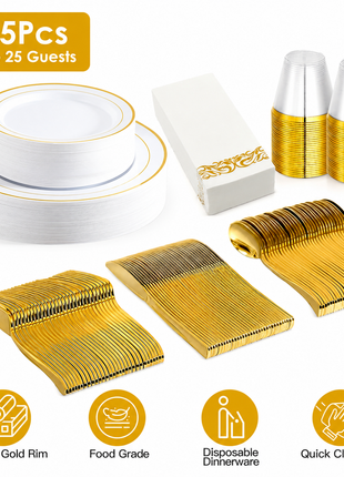 175PCS Gold Rim Disposable Dinnerware Set for 25 Guests – Elegant Party Plates Cups & Utensils