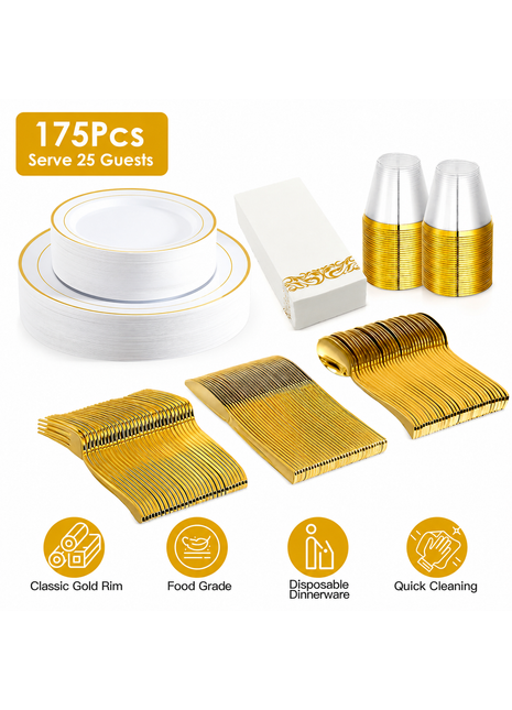 175PCS Gold Rim Disposable Dinnerware Set for 25 Guests – Elegant Party Plates Cups & Utensils