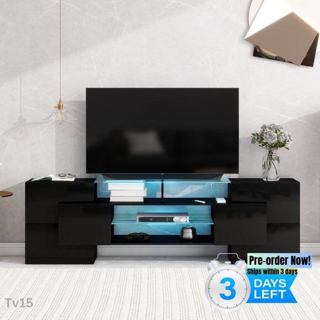 TV15- ON-TREND Unique Shape TV Stand with 2 Illuminated Glass Shelves, High Gloss Entertainment Center for TVs Up to 80", Versatile TV Cabinet with LED Color Changing Lights for Living Room, Black - Likeshoppe 
