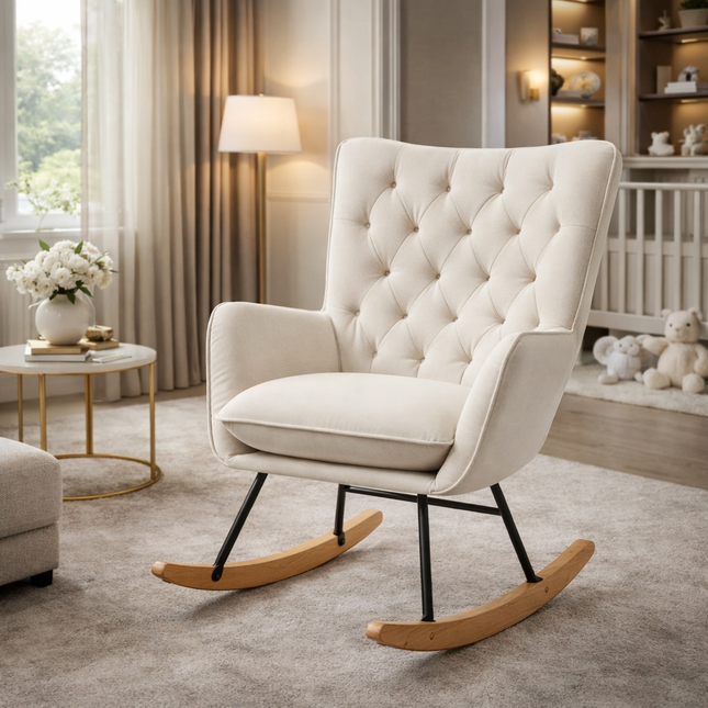 Mid-Century Fabric Rocking Chair Sofa Armchair Tufted Rocker Wingback Accent Chair with Rubber Wood Base for Home Studio, Cream White