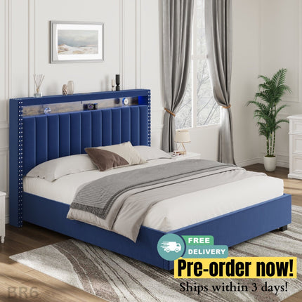 BR6- Luxury Gas Lift Storage Bed with RF LED Lights, Storage Headboard ,FULL Size ,Velvet Blue - Likeshoppe 