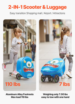 20" Kids Ride-On Scooter Luggage with Flash Wheels – Blue