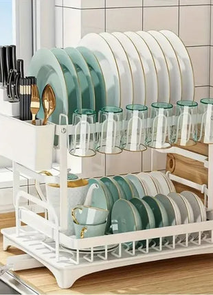 2-Tier Kitchen Dish Drying Rack Large Capacity – Dish Rack with Drain Board & Rotatable Spout