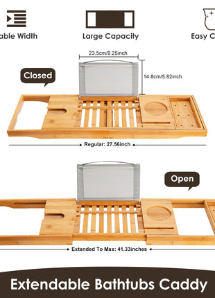 Extendable Bamboo Bathtub Caddy Tray – Luxury Bath Tray with Book & Wine Holder