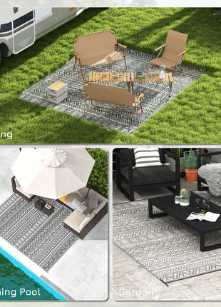 Reversible Outdoor Rug 8x10 Waterproof – Boho RV Camping Patio Rug with Carry Bag Gray & Cream