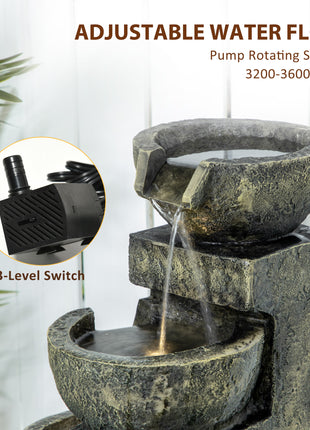 4-Tier Stone Bowl Outdoor Fountain with LED Lights – Small Zen Garden Waterfall Feature