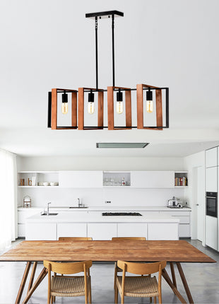 Likeshoppe Farmhouse Kitchen Island Pendant Light – 36" Rustic Wood & Black Metal 4-Light Dining Room Chandelier