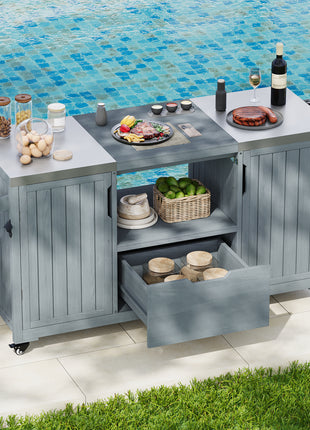 66.5" Outdoor Kitchen Island Grill Cart with Stainless Steel Countertop & Storage Cabinets – Solid Wood BBQ Prep Table (Grey Blue)