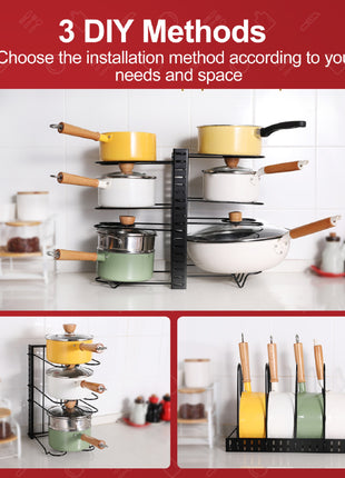 Adjustable Pot & Pan Organizer Rack – Kitchen Storage Rack for Pots, Lids, and Cookware
