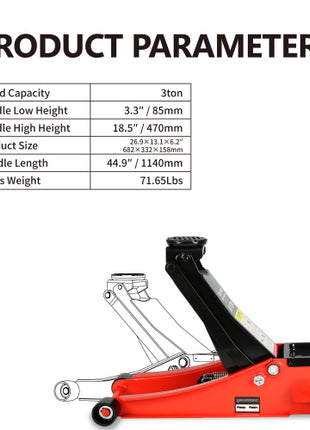 3 Ton Hydraulic Floor Jack Low Profile – Dual Piston Quick Lift Racing Jack (3.3”–18.5”) for Cars, Trucks & SUVs