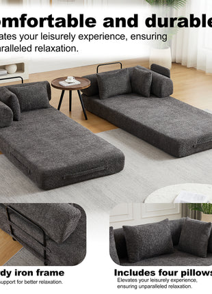 78.7” Convertible Sleeper Sofa Bed in Grey Chenille – Folding Couch with Pillows, Storage Pocket & Floor Lounge Design