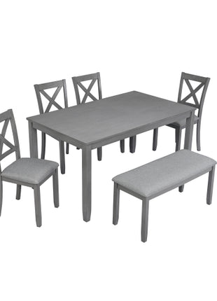 Likeshoppe 6 Piece Kitchen Dining Set, Rectangular Wooden Dining Table With 4 Upholstered Chairs And A Bench, Dining Table Set For 6 People, Living Room, Home Bar And Kitchen, Gray