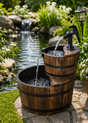 LIKESHOPPE 2-Tier Wooden Barrel Fountain – Rustic Outdoor Water Feature with Electric Pump