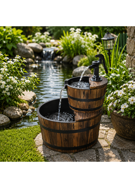 LIKESHOPPE 2-Tier Wooden Barrel Fountain – Rustic Outdoor Water Feature with Electric Pump