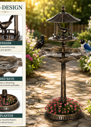 LIKESHOPPE 3-in-1 Garden Bird Bath Bowl Pedestal – Bird Bath, Bird Feeder & Flower Planter, Antique Bronze