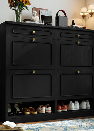 Farmhouse Shoe Cabinet with 4 Flip Drawers & 2 Storage Drawers – Black Entryway Shoe Rack Organizer