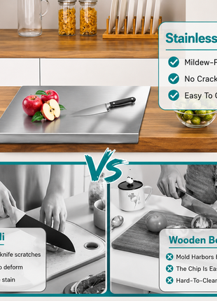 LIKESHOPPE 304 Stainless Steel Cutting Board with Lip – Double-Sided Kitchen Chopping Board for Meat, Vegetables, Dough & Baking
