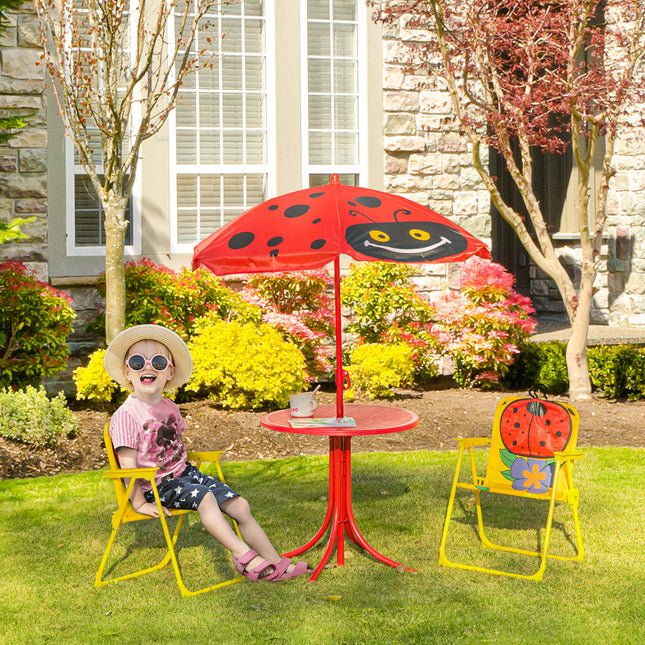 Kids Outdoor Table and Chair Set with Umbrella – Ladybug 4-Piece Patio Furniture Set for Backyard Ages 3–6