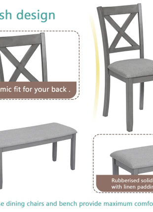 Likeshoppe 6 Piece Kitchen Dining Set, Rectangular Wooden Dining Table With 4 Upholstered Chairs And A Bench, Dining Table Set For 6 People, Living Room, Home Bar And Kitchen, Gray
