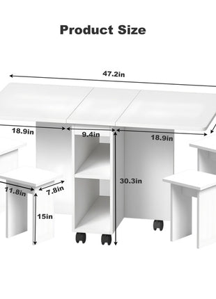 Likeshoppe Folding Drop Leaf Dining Table Set for 4 with Storage & Wheels – Space Saving White Table and Chairs for Small Spaces