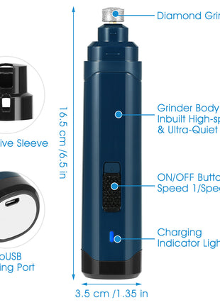 USB Rechargeable Dog Nail Grinder – Quiet 2-Speed Pet Nail Trimmer for Dogs & Cats