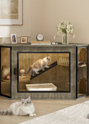48" Corner Cat Litter Box Enclosure with LED Light – Hidden Cat House Cabinet with Acrylic Door