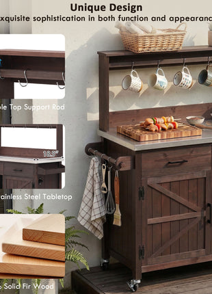 54.1" Outdoor Kitchen Island Cart with Stainless Steel Top, Storage Cabinets & High Shelf Hooks – Solid Wood BBQ Prep Table (Brown)