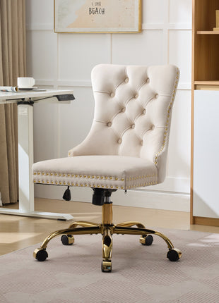 Likeshoppe Furniture Office Chair,Modern Velvet Upholstered Tufted Button Home Office Chair With Golden Metal Base,Adjustable Desk Chair Swivel Office Chair Beige