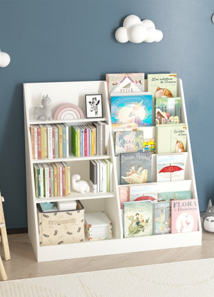 Kids Bookshelf & Toy Storage Organizer – 4 Tier Wooden Bookcase for Kids Room