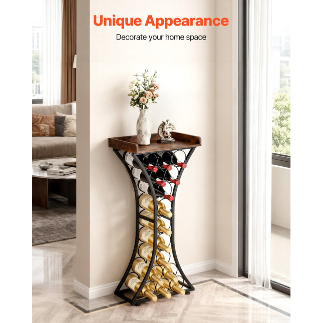Freestanding 15 Bottle Wine Rack with Top Shelf – Modern Metal Floor Wine Storage Organizer for Kitchen, Dining Room & Home Bar
