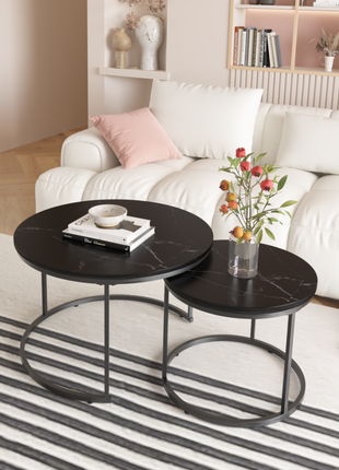 Round Nesting Coffee Table Set of 2 – Marble Pattern Modern Coffee Tables with Metal Frame