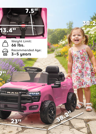 12V Kids Ride on Car, Licensed Dodge RAM 3500 Ride on Toys with Dual Motors, Remote Control for Toddlers, Pink