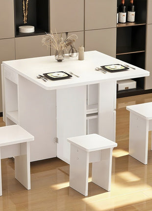Likeshoppe Folding Drop Leaf Dining Table Set for 4 with Storage & Wheels – Space Saving White Table and Chairs for Small Spaces