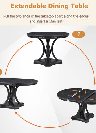 Retro 5-Piece Extendable Round Dining Set – Black Oak Kitchen Dining Table with 4 Chairs