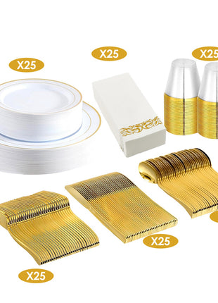 175PCS Gold Rim Disposable Dinnerware Set for 25 Guests – Elegant Party Plates Cups & Utensils