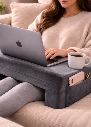 Likeshoppe Ergonomic Lap Desk Cushion with Memory Foam – Fleece Laptop Desk with Storage Pockets & 24x11 Workspace