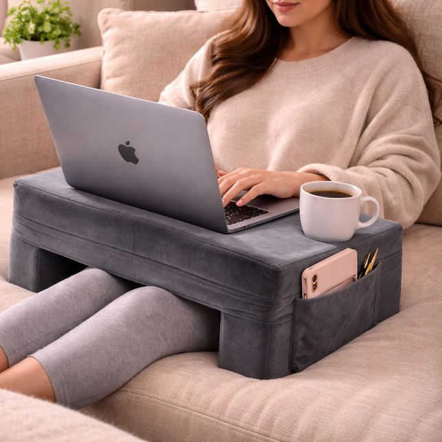Likeshoppe Ergonomic Lap Desk Cushion with Memory Foam – Fleece Laptop Desk with Storage Pockets & 24x11 Workspace