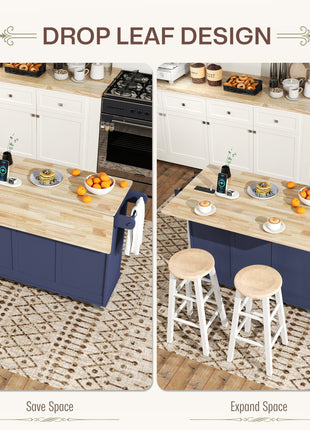 Kitchen Island on Wheels with Drop Leaf, Charging Station, Rolling Kitchen Cart with Wood Top, Adjustable Shelf, Blue