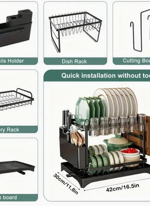 2-Tier Kitchen Dish Drying Rack Large Capacity – Dish Rack with Drain Board & Rotatable Spout