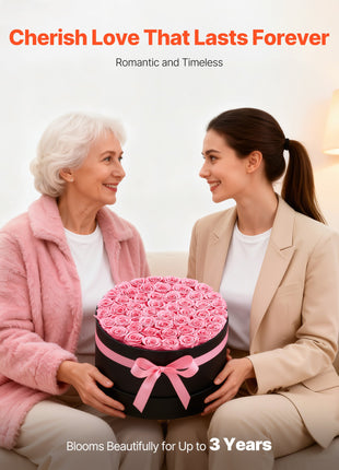 50 Preserved Roses Sweet Pink Round Box – Forever Flowers Gift for Women Wife Mom Anniversary Valentine’s Day