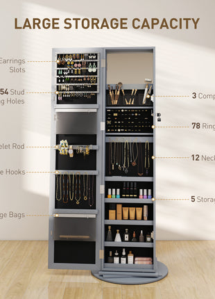 360° Swivel Jewelry Armoire with Full-Length Mirror – Lockable Standing Jewelry Cabinet Gray