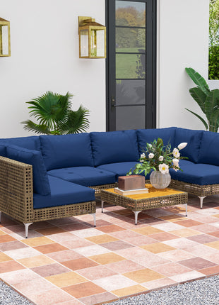 7 Piece Wicker Patio Furniture Set with Cushions & Acacia Wood Table