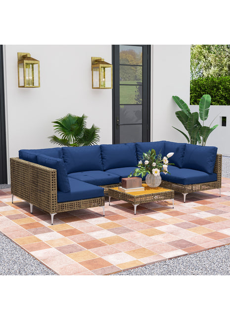 7 Piece Wicker Patio Furniture Set with Cushions & Acacia Wood Table
