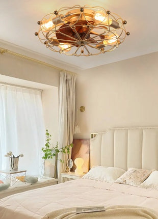 Likeshoppe Gold Caged Ceiling Fan with Light & Remote – Modern Low Profile Flush Mount Fan with 6 Speeds for Bedroom, Kitchen & Living Room