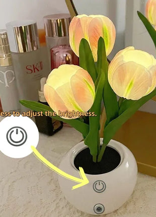 LED Tulip Table Lamp USB Rechargeable – Flower Vase Decorative Night Light with Adjustable Brightness